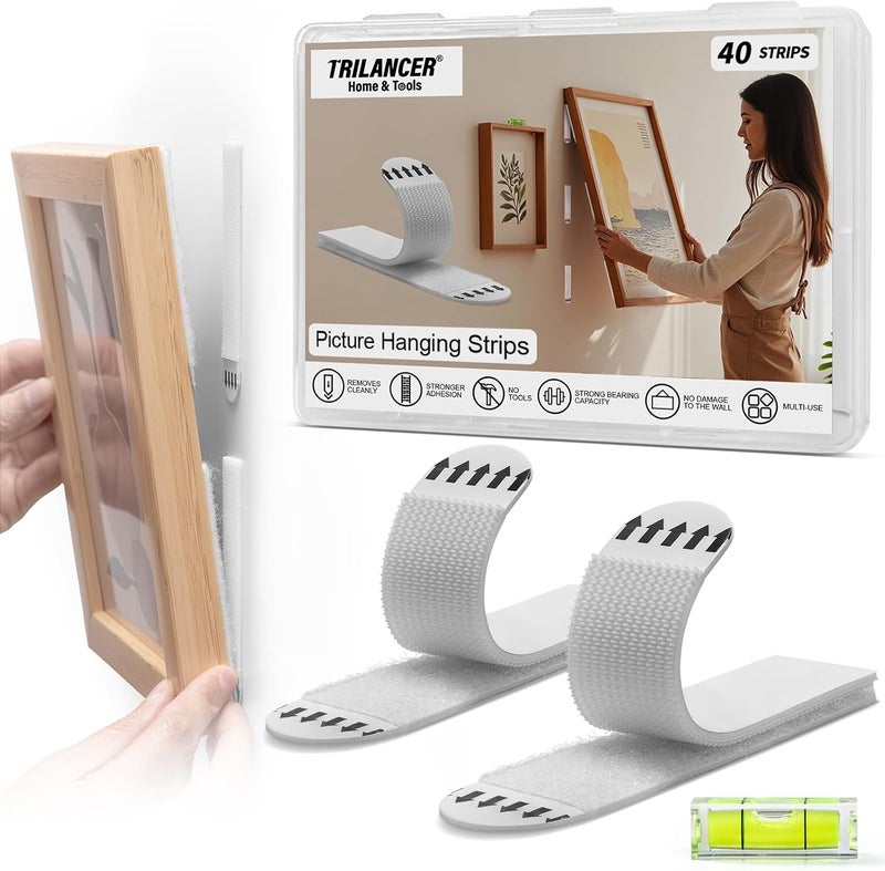 Trilancer Picture Hanging Strips Heavy Duty, 20 Pairs(40 Strips) Damage-Free Adhesive Wall Hanging for Picture Frames,Wall Art,Decorations, No Nails or Tools Needed, Clean Removal for Smooth Surfaces - Image 1